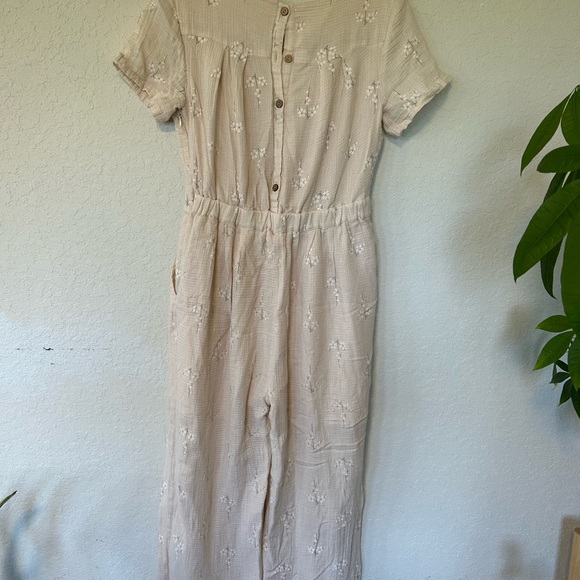 Beige Embroidered Wide Leg Jumpsuit, Cottagecore Boho Floral Romper - Picture 5 of 13